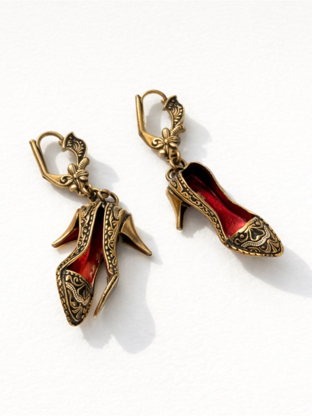 Antique Gold Vintage High Heel Shoe Earrings with Red Inset     “Vintage style